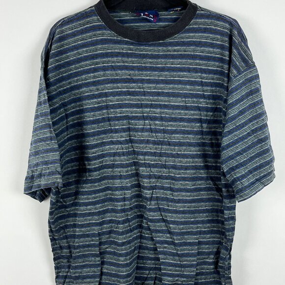 Stone Collections T Shirt Size L Blue Gray Striped Short Sleeve Crew Neck Stretc - Picture 1 of 9